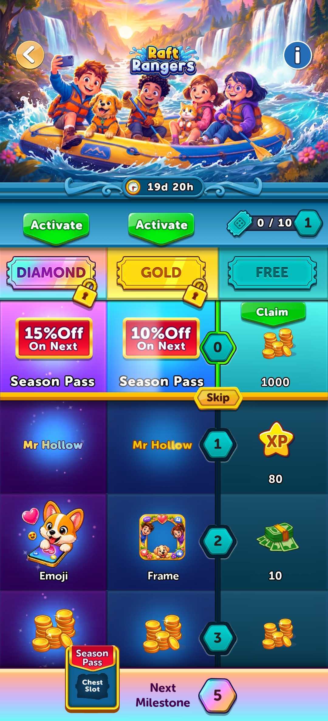 Diamond, Gold, and Free season pass tiers in Ludo Club's Raft Rangers season, July 2026